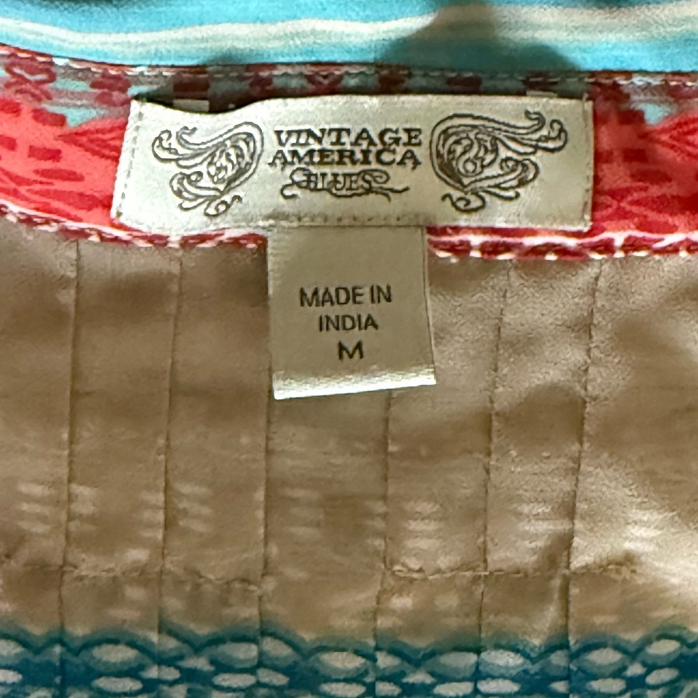 Vintage America Women’s Medium multi colored Pattern Boho Blouse 3/4 inch sleeve - Picture 2 of 6